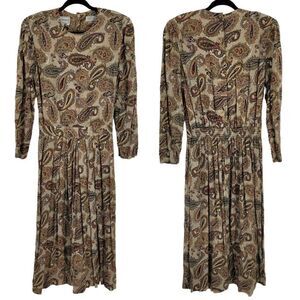 80's Dress Modest Long Sleeve Pleated‎ Maxi Paisley Taupe 10 Geek Secretary
